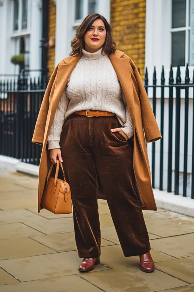 Plus Size Corduroy Pants with Cable Knit Sweater Outfit