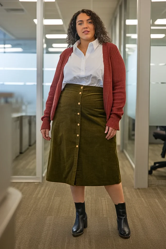 Plus Size Corduroy Skirt with Cotton Blouse and Fitted Cardigan