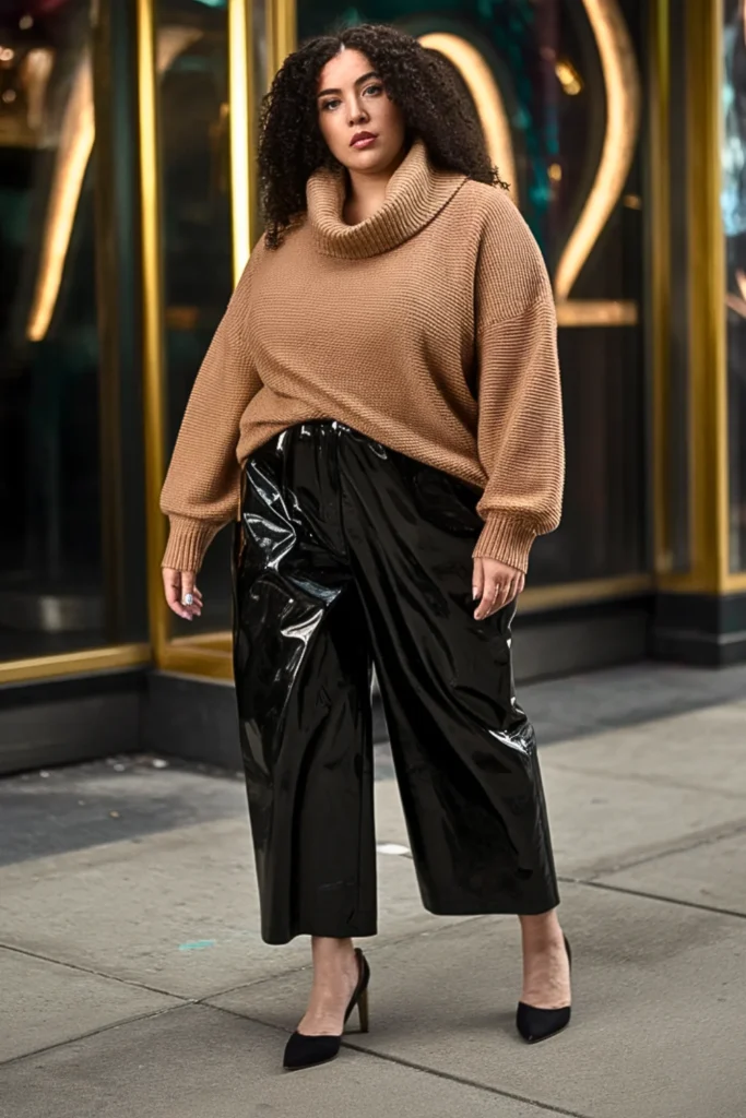 Plus Size Cowl Neck Sweater With Vinyl Pants Outfit
