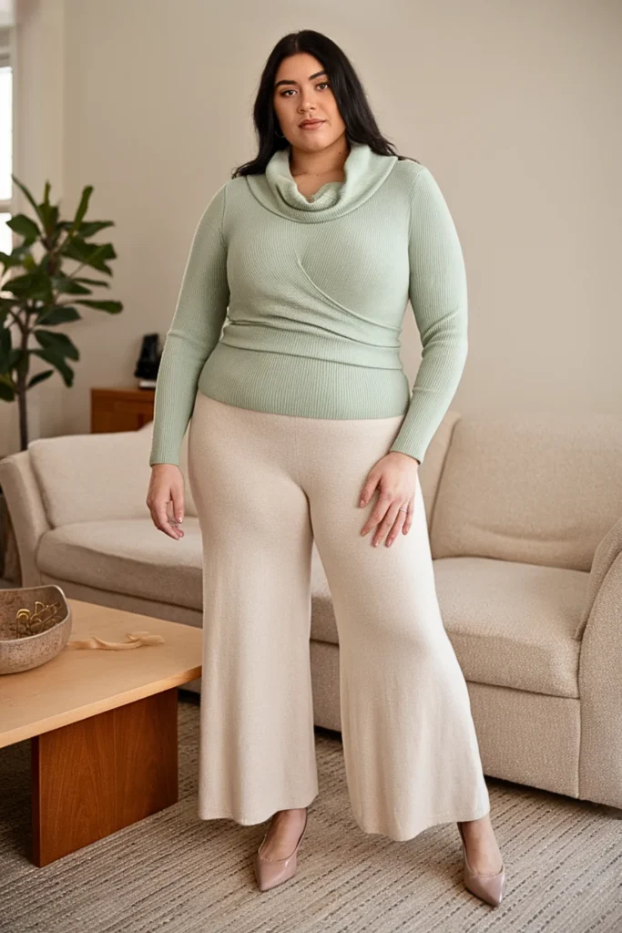 Plus Size Cowl Neck Sweater with Wide Leg Pants Outfit