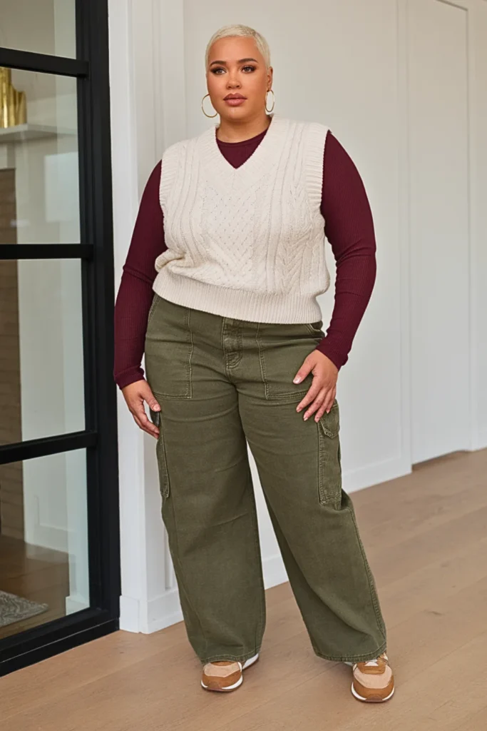 Plus Size Cream Cable Knit Sweater Vest Layered Look