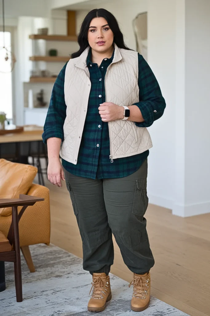 Plus Size Cream Quilted Vest with Plaid Shirt Outfit
