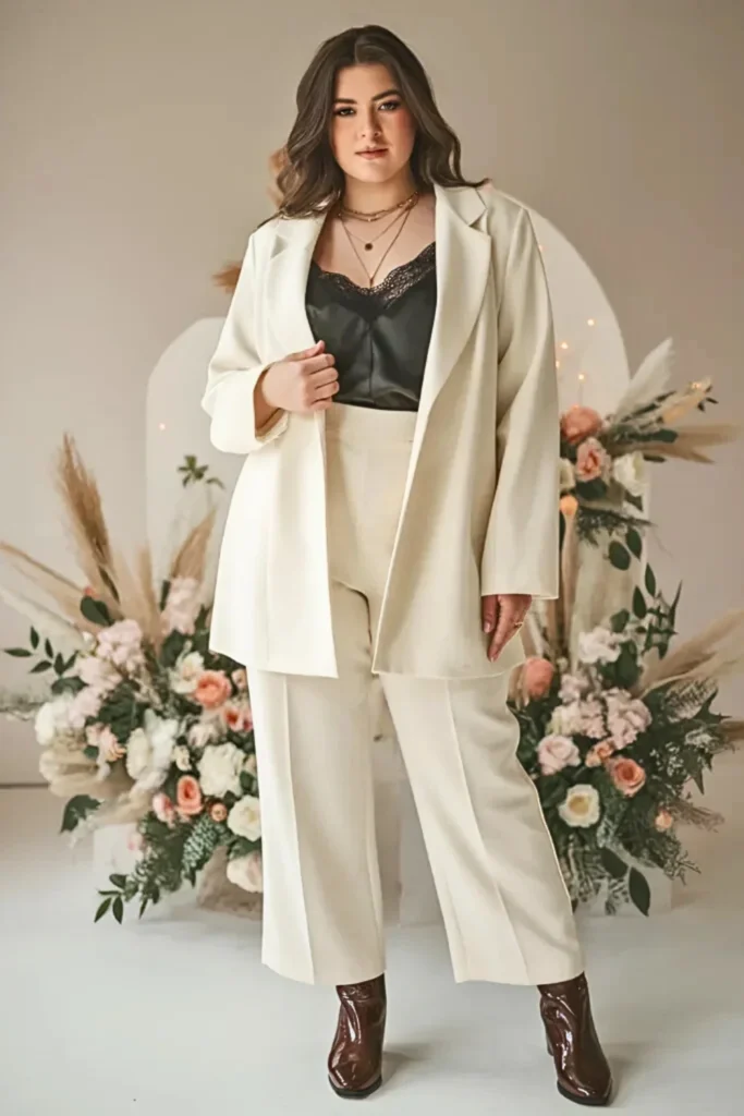Plus Size Cream Suit with Lace Camisole and Brown Boots Winter Outfit