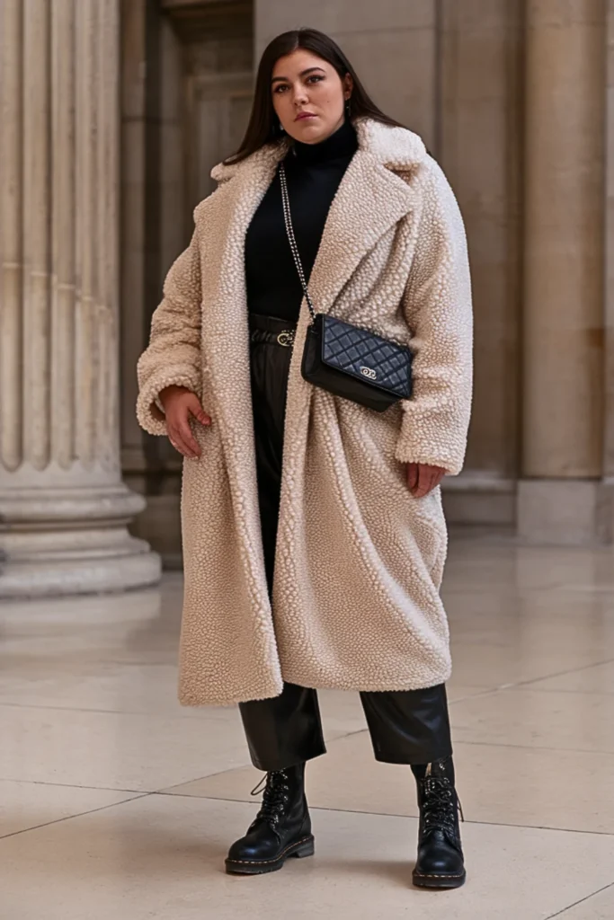 Plus Size Cream Teddy Coat with Black Leather Pants Outfit