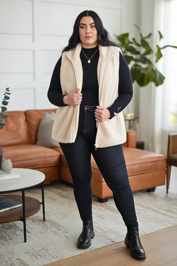 Plus Size Cream Teddy Vest with Thermal Top Outfit