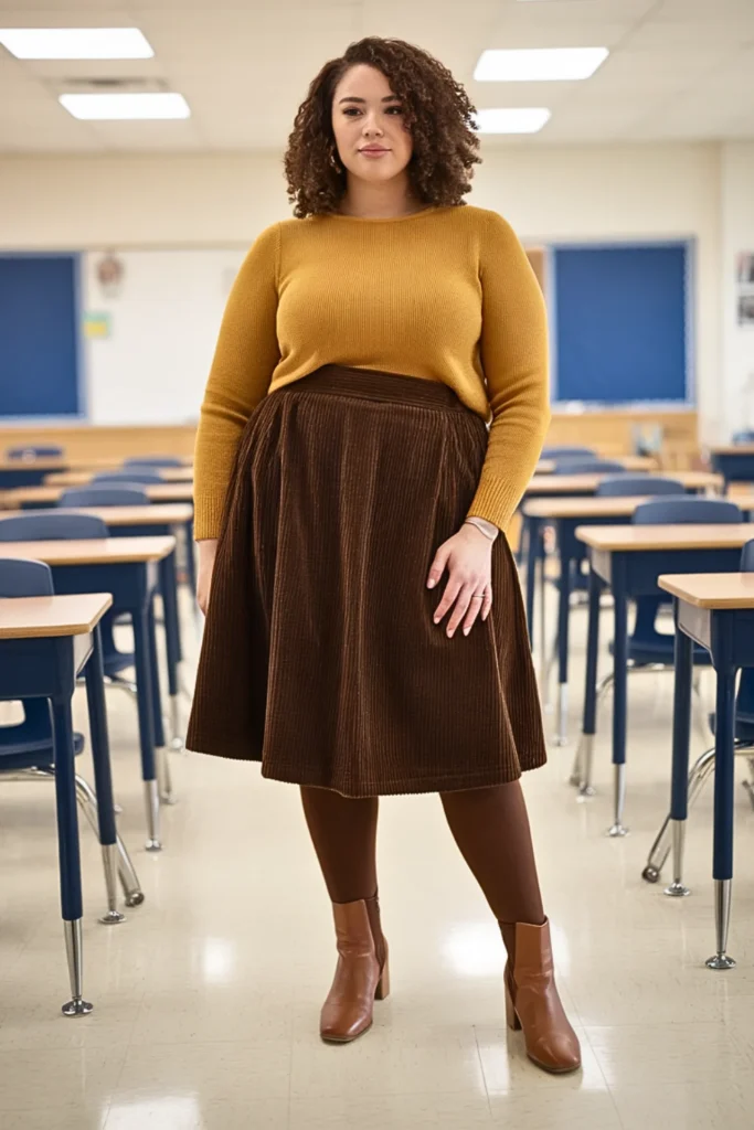 Plus Size Crew Neck Sweater and Corduroy Skirt Outfit