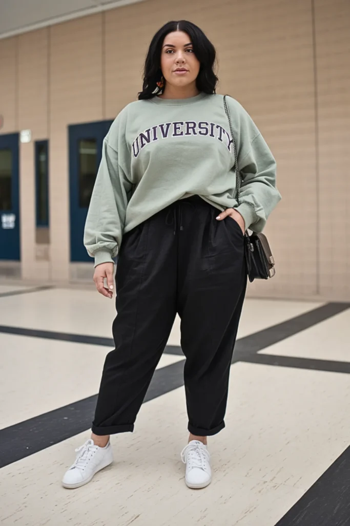 Plus Size Crewneck Sweatshirt and Twill Pant Outfit