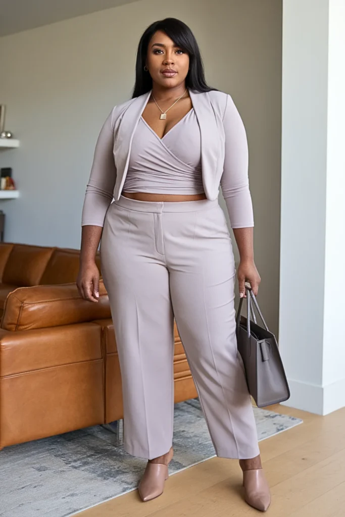 Plus Size Cropped Jacket With Wrap Top And Trousers Outfit