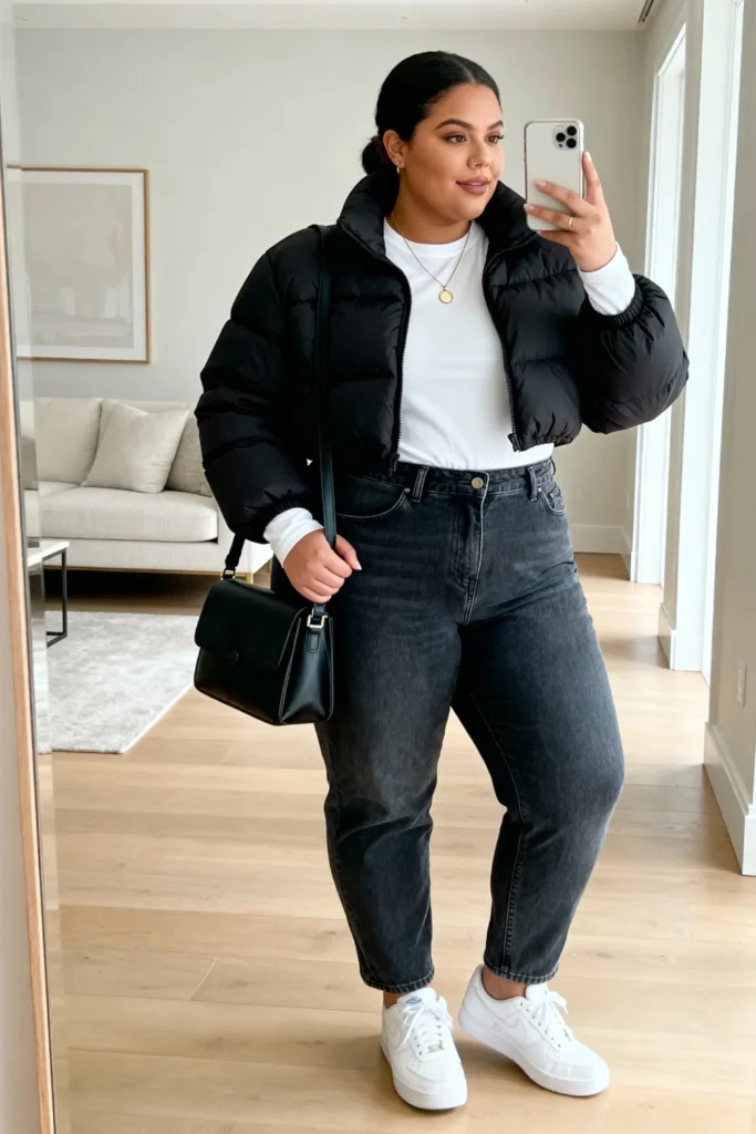 Plus Size Cropped Puffer Jacket with High-Waisted Jeans Sporty Chic Contemporary