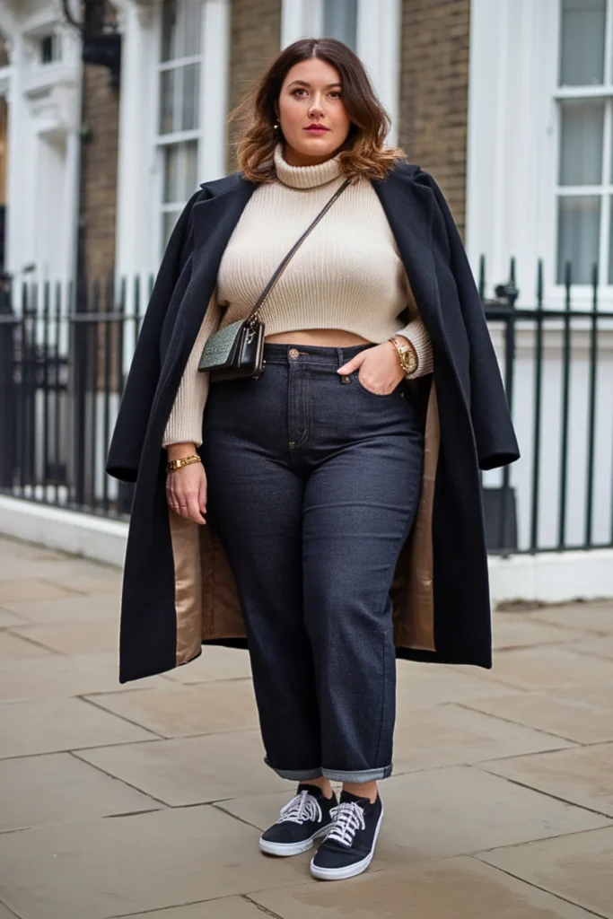 Plus Size Cropped Sweater with High-Waisted Jeans Outfit