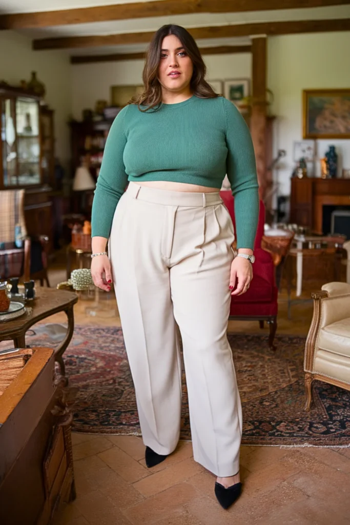 Plus Size Cropped Sweater with High-Waisted Trousers