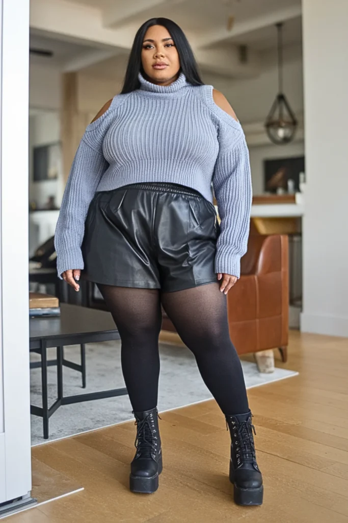 Plus Size Cutout Sweater with Leather Shorts Outfit