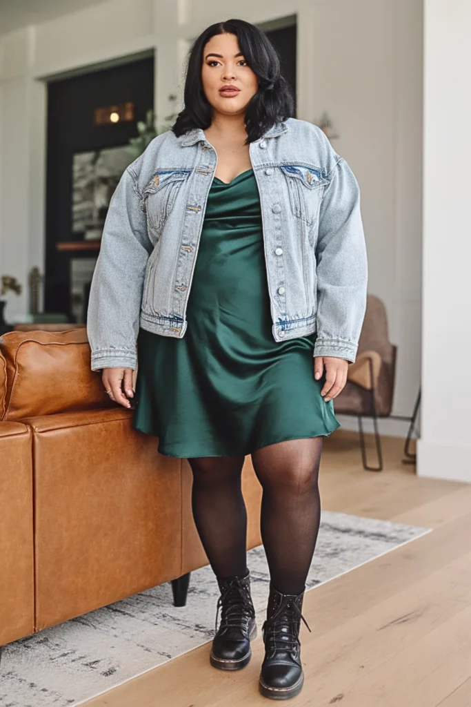 Plus Size Denim Jacket Over Slip Dress With Tights Outfit