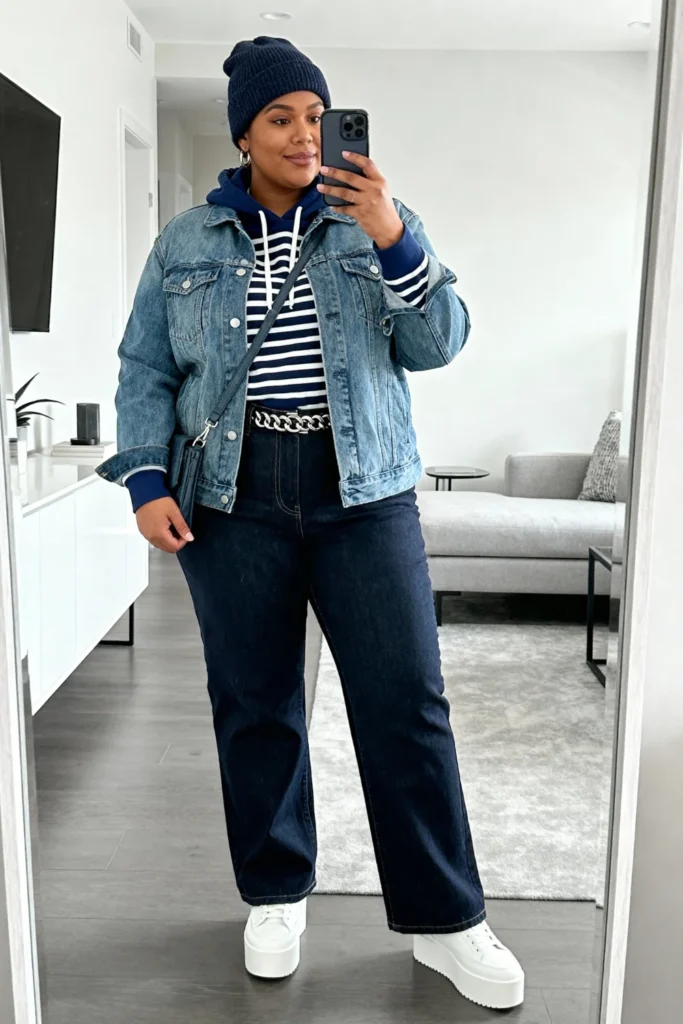 Plus Size Denim Jacket with Striped Hoodie Casual Gym Ready Look