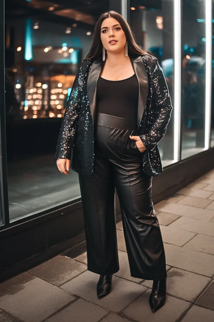Plus Size Sequin Blazer With Faux Leather Pants Outfit