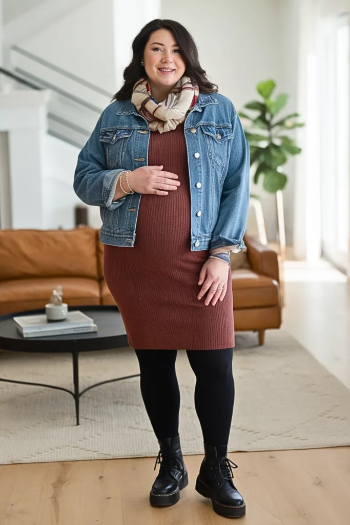 Plus Size Denim Jacket with Sweater Dress Outfit