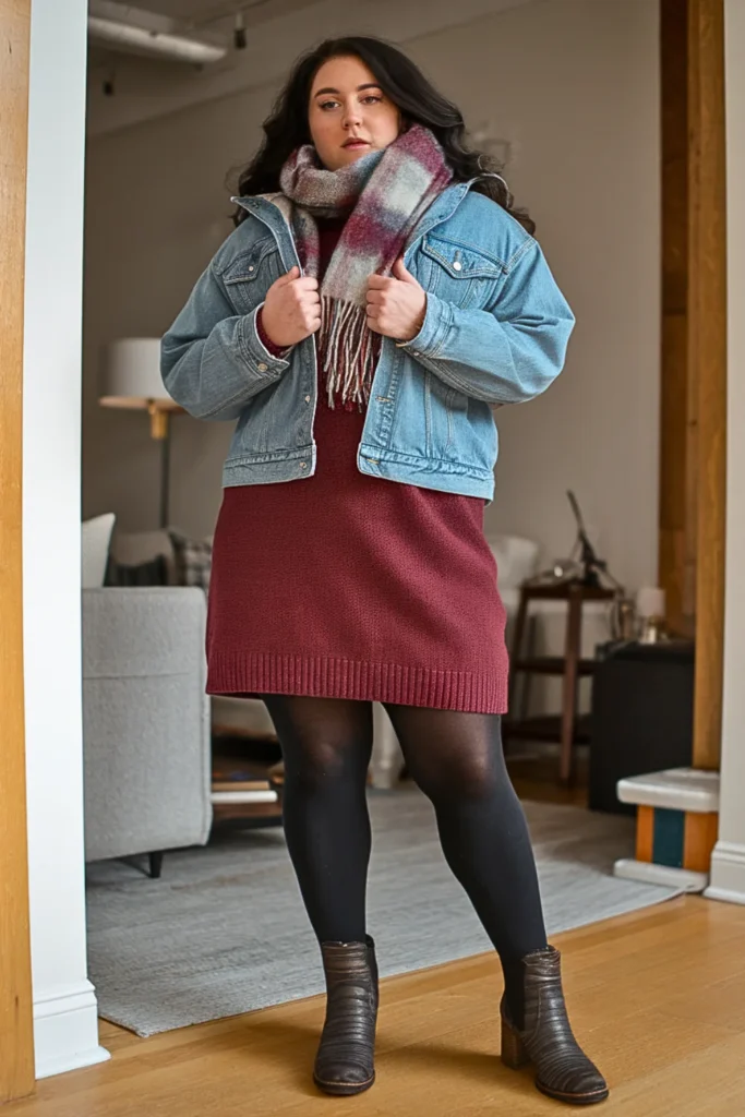 Plus Size Denim Jacket with Sweater Dress and Tights Winter Outfit