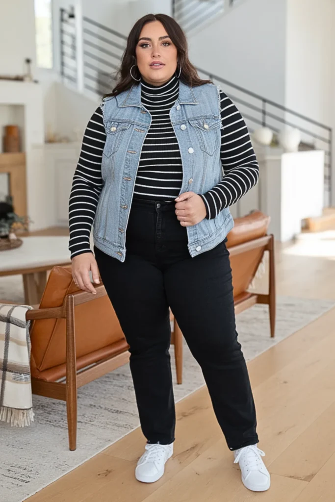 Plus Size Denim Vest with Striped Turtleneck Outfit
