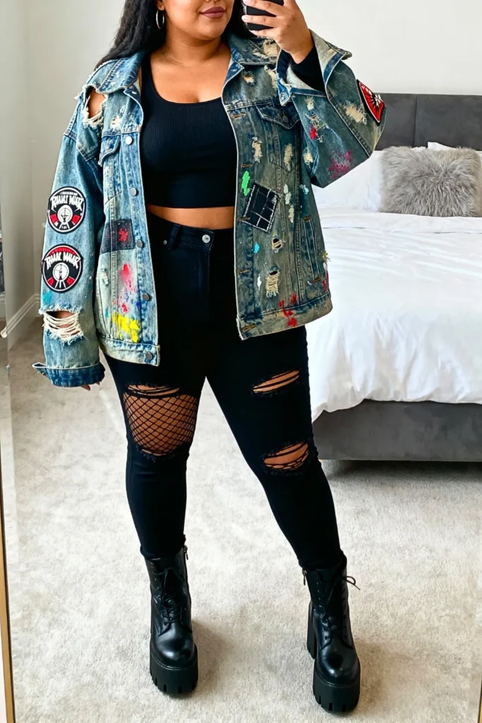 Plus Size Distressed Denim Jacket with Crop Tank Grunge Look