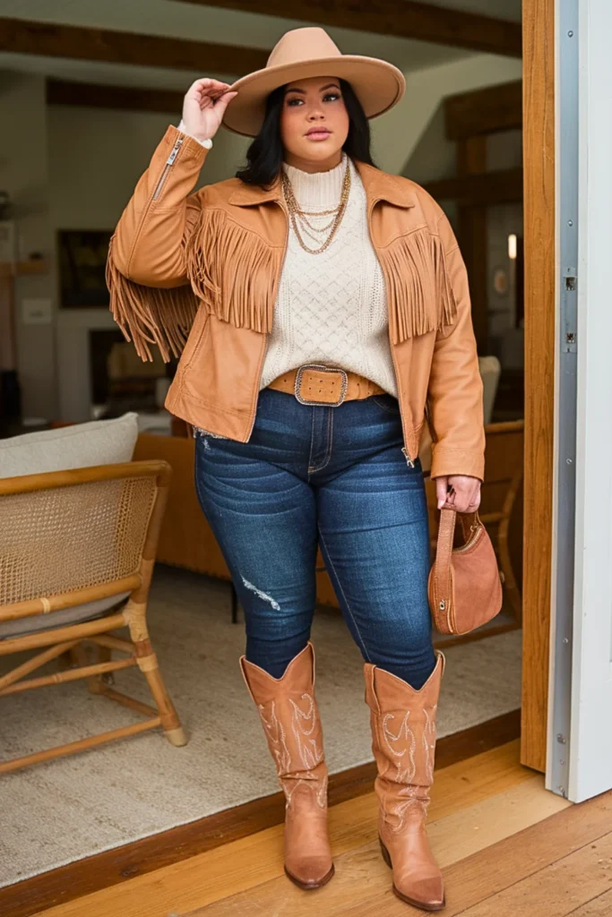 Plus Size Distressed Denim with Leather Fringe Jacket Winter Outfit