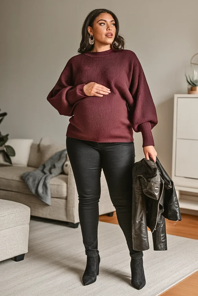 Plus Size Dolman Sleeve Sweater with Coated Jeans Outfit