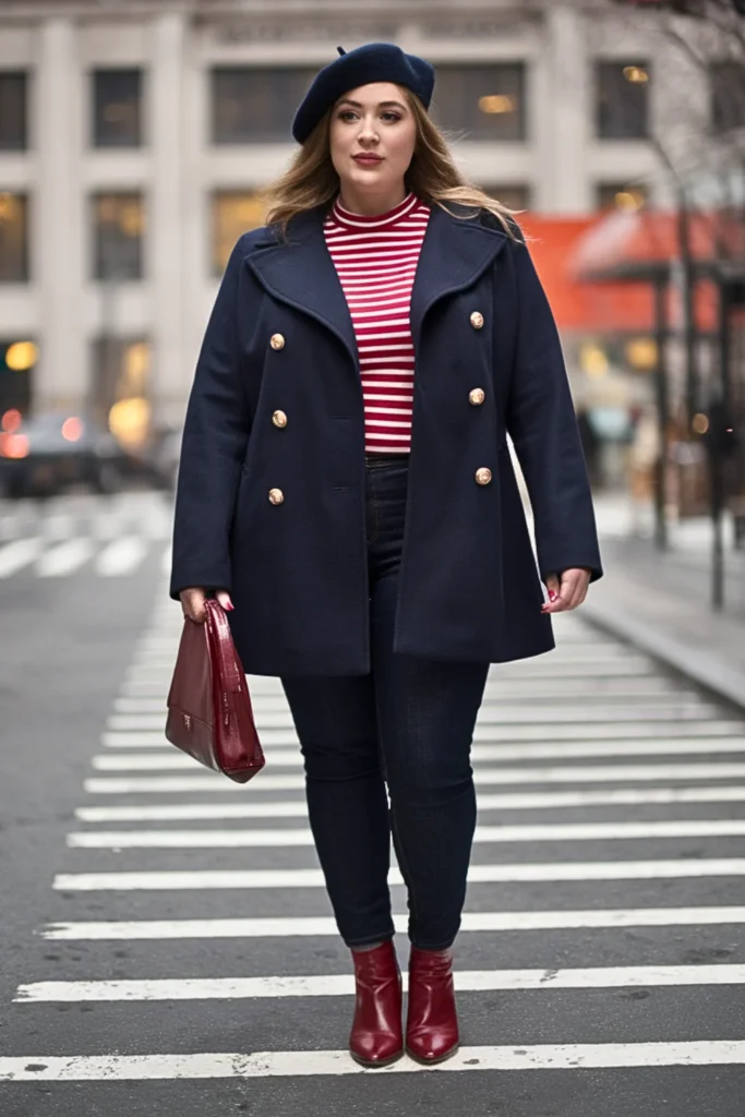 Plus Size Double-Breasted Peacoat with Striped Layers Winter Outfit