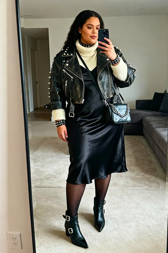 Plus Size Edgy Leather Jacket with Slip Dress Winter Style