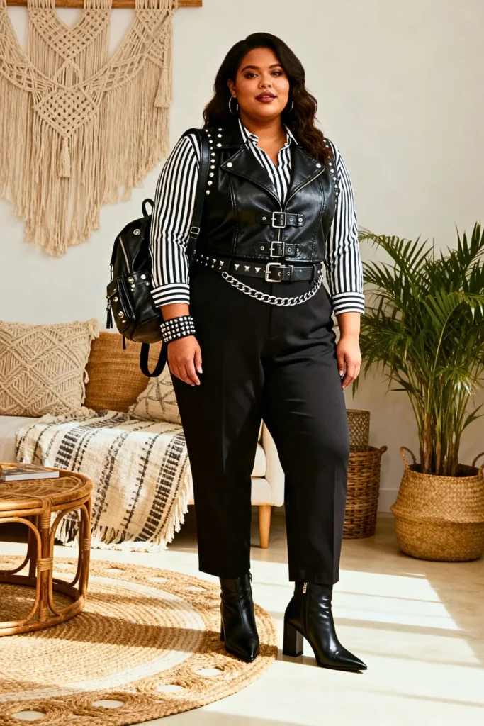 Plus Size Edgy Vest with Striped Shirt Winter Outfit