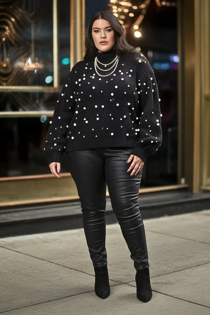 Plus Size Embellished Sweater With Coated Jeans Outfit