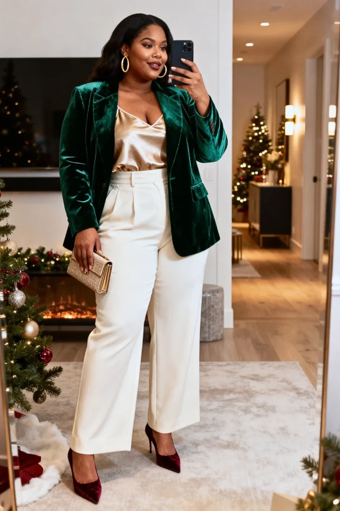 Plus Size Emerald Velvet Blazer with Wide-Leg Trousers Outfit