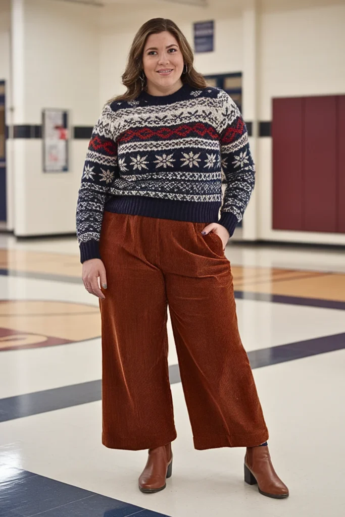 Plus Size Fair Isle Sweater and Corduroy Pant Outfit