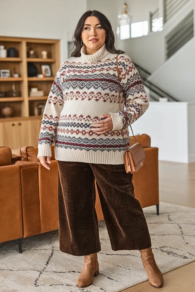 Plus Size Fair Isle Sweater with Corduroys Outfit
