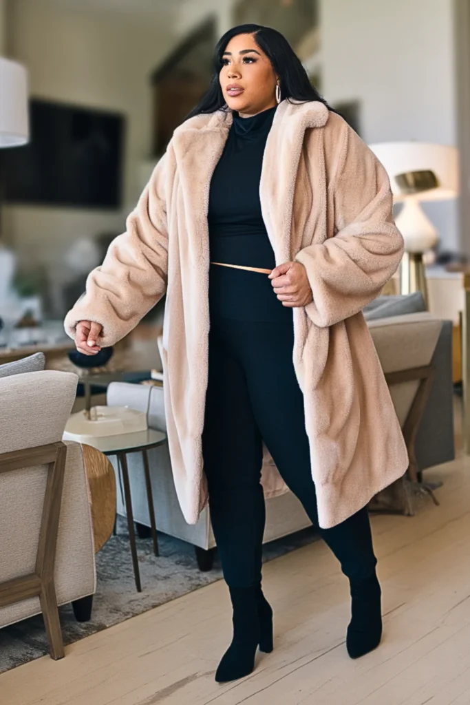 Plus Size Faux Fur Coat with All Black Ensemble Winter Outfit