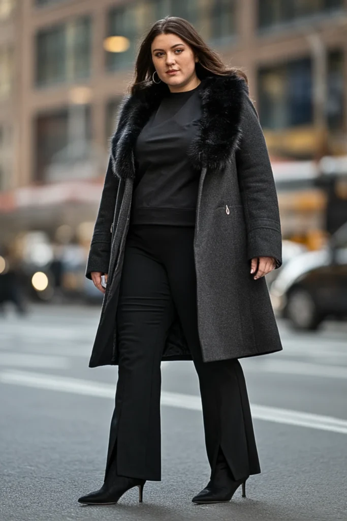 Plus Size Faux Fur Collar Coat with Monochrome Look Winter Outfit
