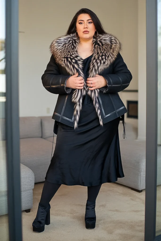 Plus Size Faux Fur Collar Jacket With Dress Alt Outfit
