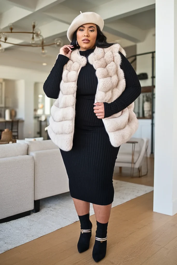 Plus Size Faux Fur Vest Over Fitted Midi Dress Winter Outfit