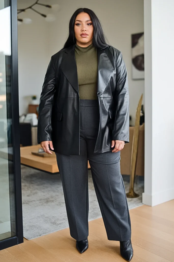 Plus Size Faux Leather Blazer with Turtleneck Winter Outfit
