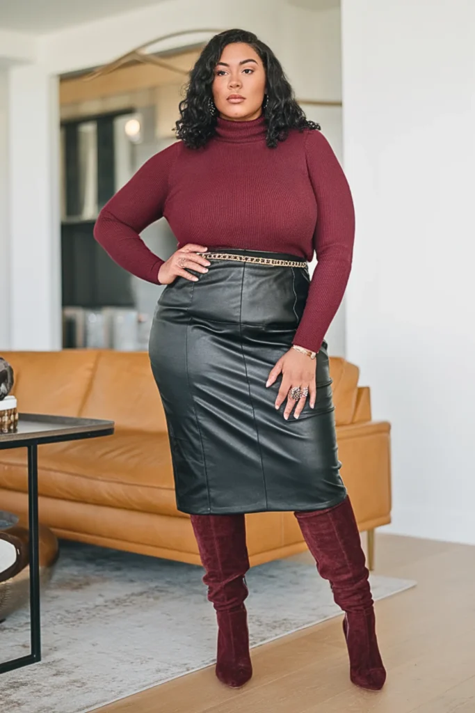 Plus Size Faux Leather Pencil Skirt and Cashmere Sweater Winter Outfit