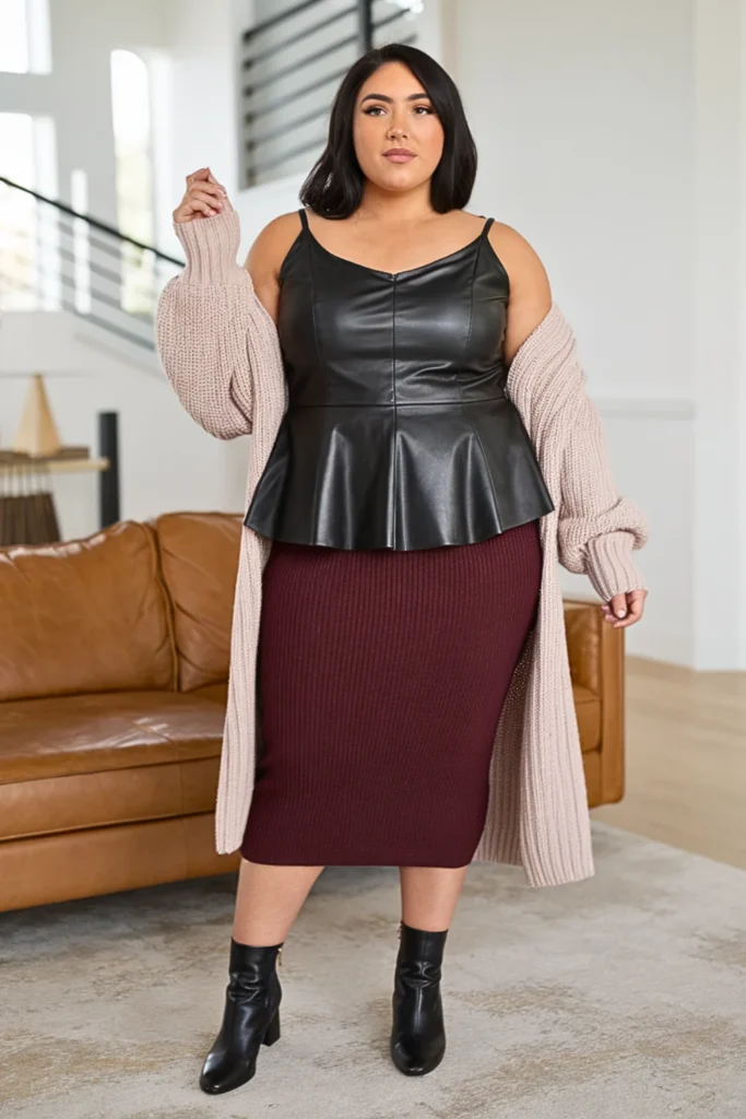 Plus Size Faux Leather Peplum Top and Midi Skirt Winter Outfit