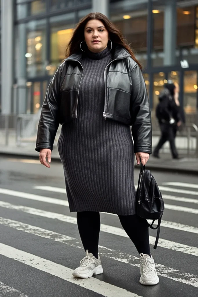 Plus Size Faux Leather Puffer with Sweater Dress Winter Outfit