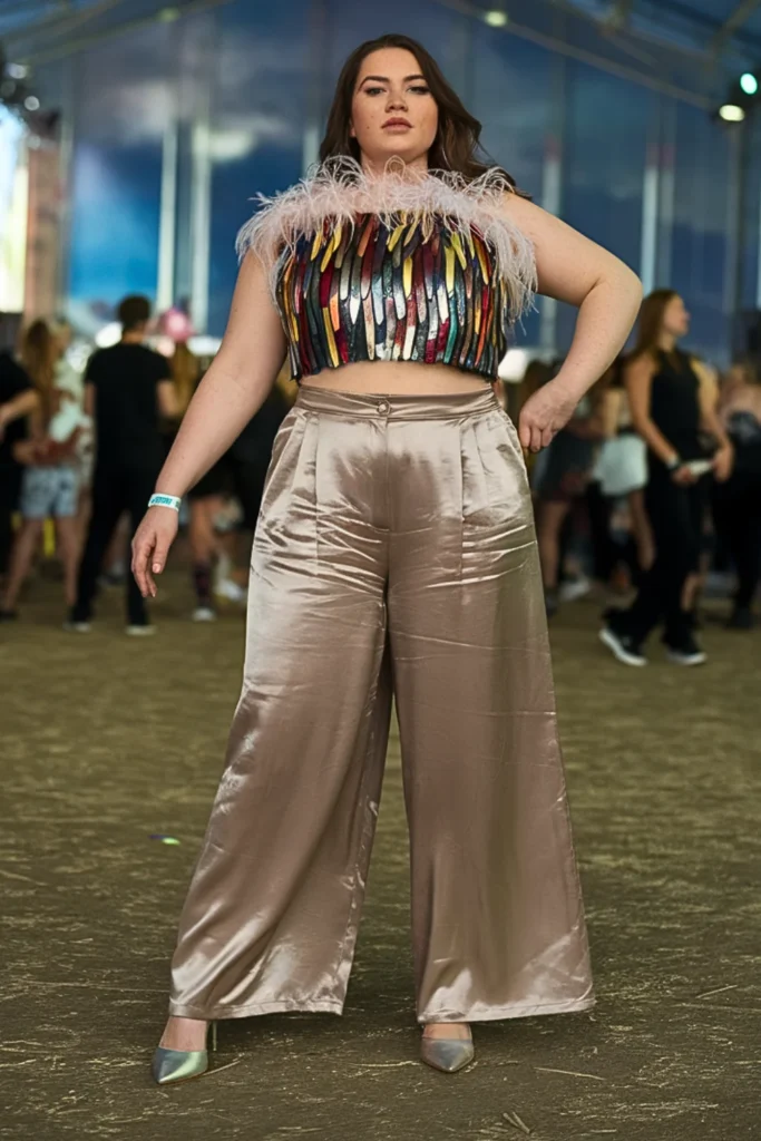 Plus Size Feathered Crop Top with Satin Pants Rave Ensemble