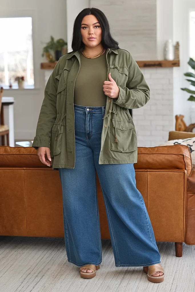 Plus Size Field Jacket With Bodysuit And Wide Leg Jeans Outfit