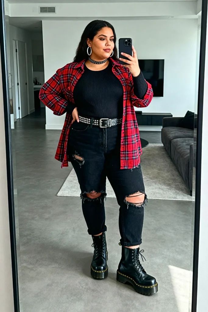 Plus Size Flannel Shirt with Ripped Jeans Winter Grunge Look