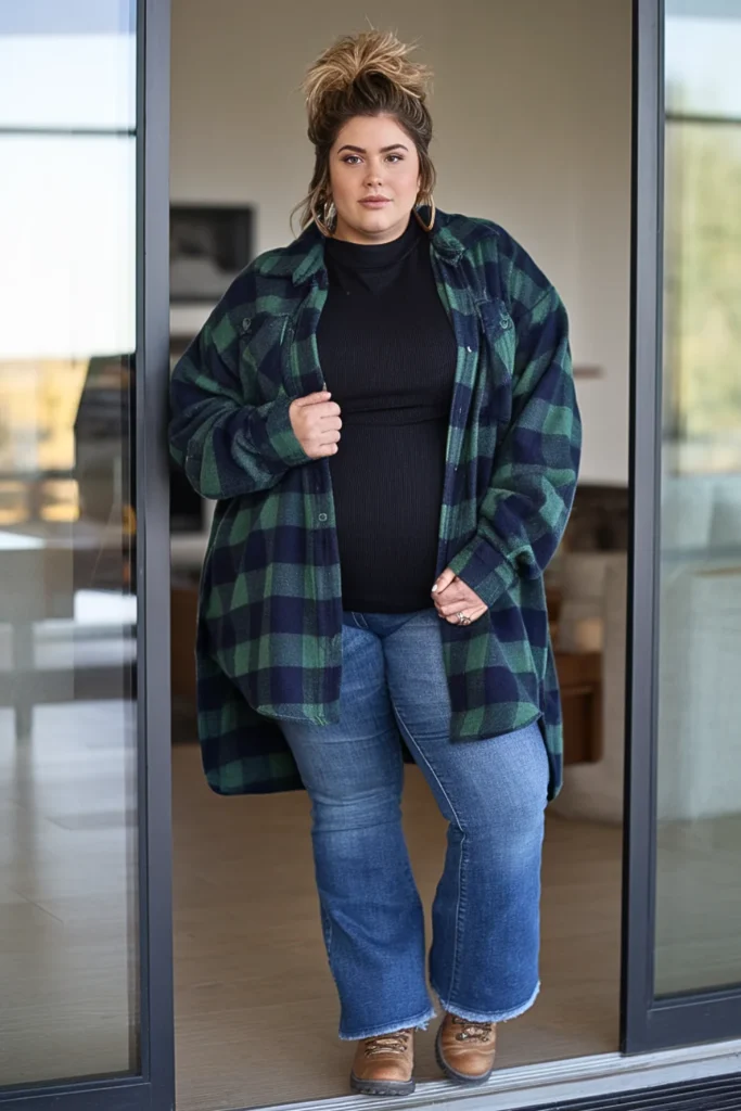 Plus Size Flannel Shirt with Thermal and Denim Winter Outfit