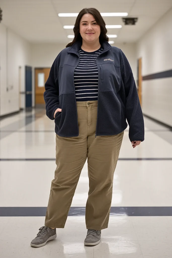Plus Size Fleece Jacket and Crew Neck Outfit
