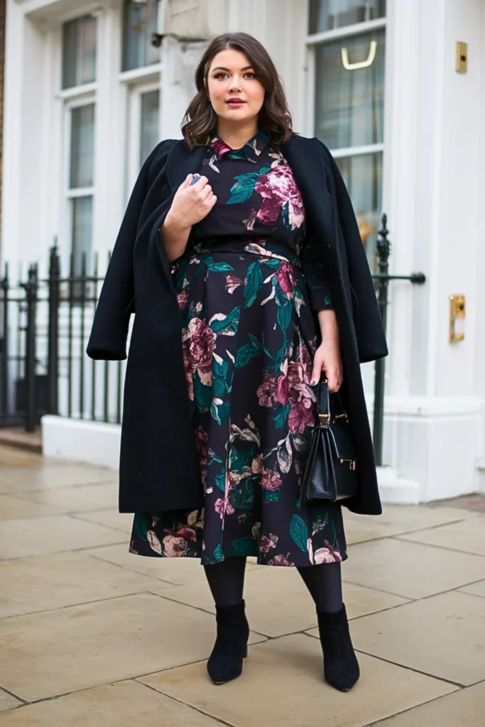 Plus Size Floral Midi with Wool Coat Outfit