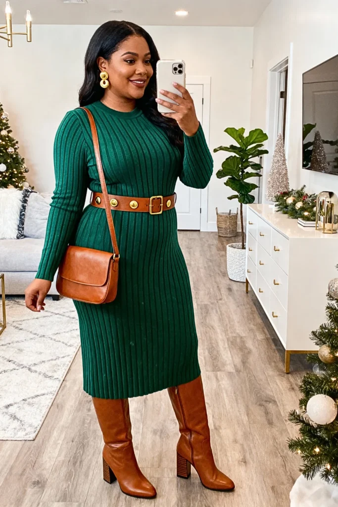Plus Size Forest Green Knit Dress with Cognac Boots Outfit