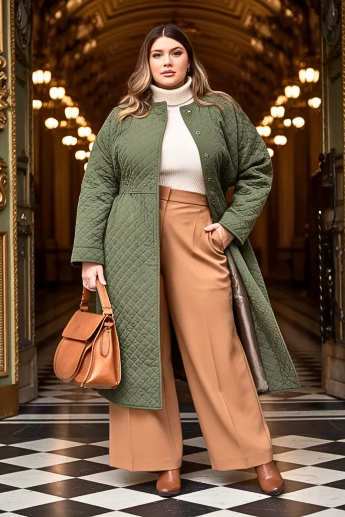 Plus Size Forest Green Quilted Coat with Camel Accents Outfit
