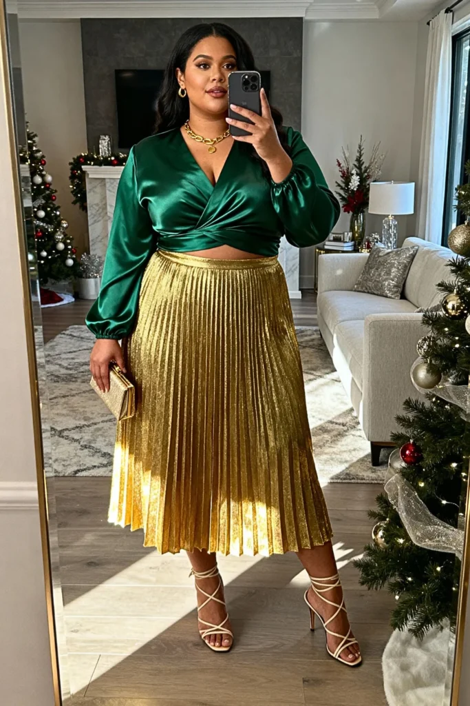 Plus Size Forest Green Satin Wrap Top With Gold Midi Skirt Outfit