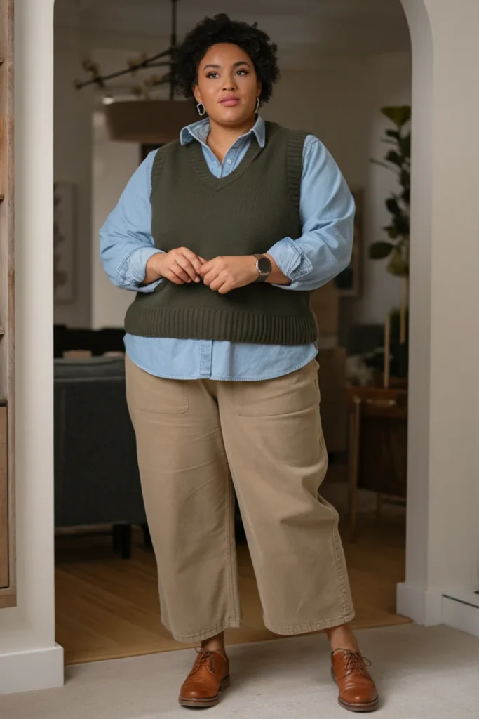 Plus Size Forest Green Sweater Vest with Chambray Shirt Outfit